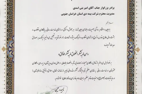 قدردانی مدیرکل بنیاد شهید و امور ایثارگران خراسان جنوبی از بیمه دی
