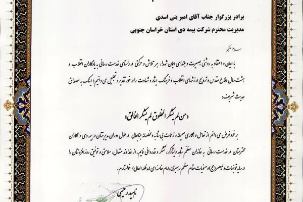 قدردانی مدیرکل بنیاد شهید و امور ایثارگران خراسان جنوبی از بیمه دی
