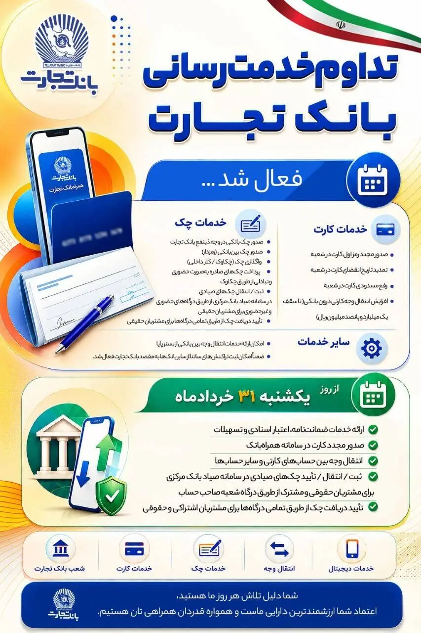تداوم خدمت‌رسانی بانک تجارت؛ بازگشت تدریجی خدمات کلیدی بانکی