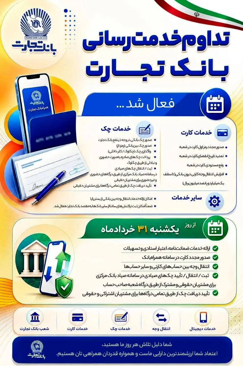 تداوم خدمت‌رسانی بانک تجارت؛ بازگشت تدریجی خدمات کلیدی بانکی