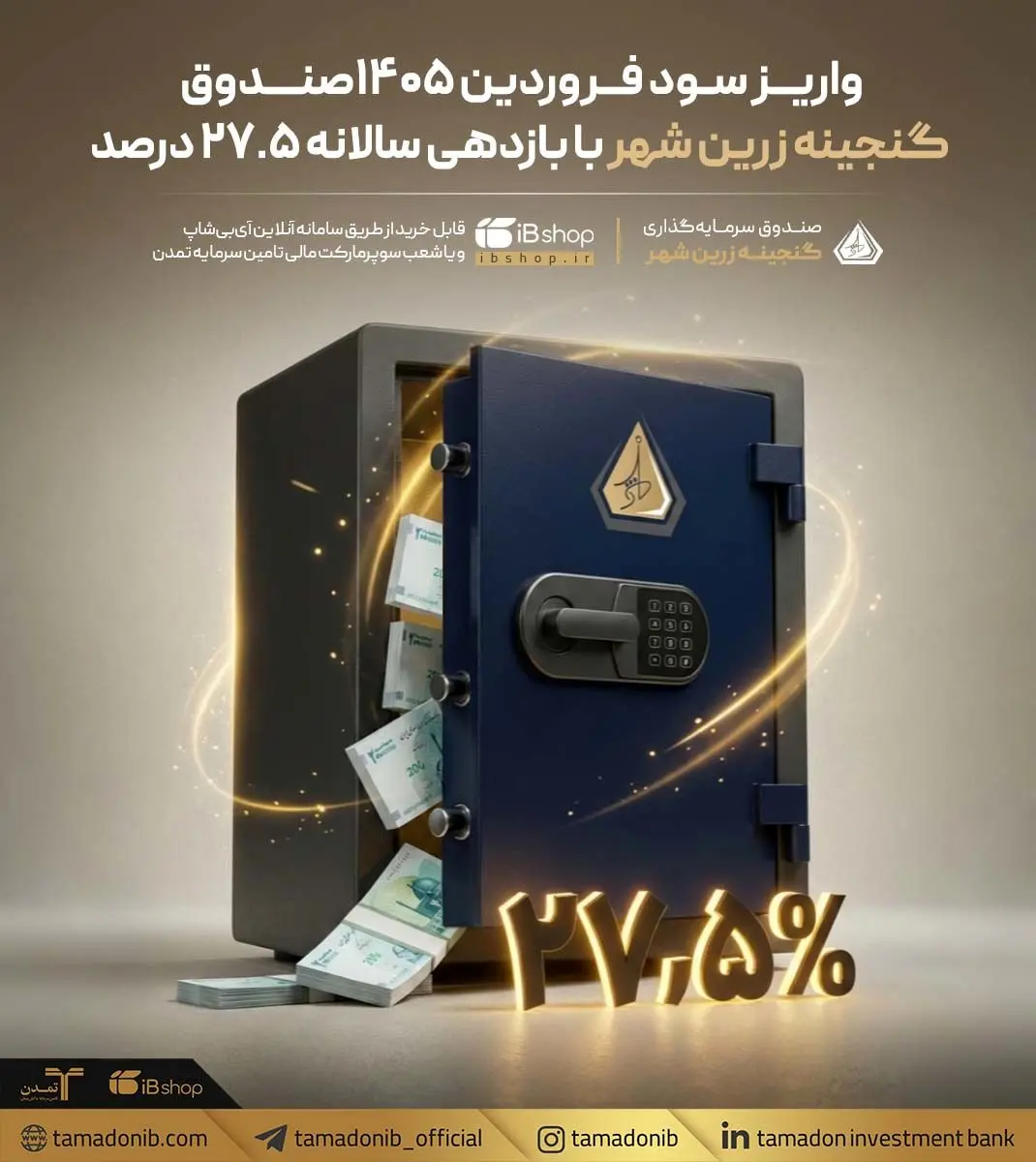 واریز سود فروردین ۱۴۰۵صندوق «گنجینه زرین شهر» با بازدهی سالانه ۲۷.۵ درصد
