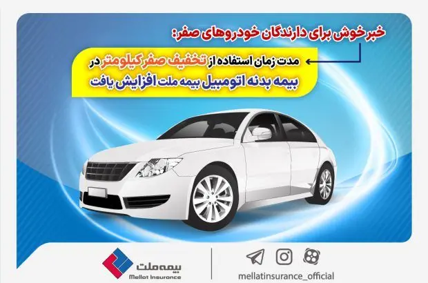 خبر خوش برای دارندگان خودروهای صفر:مدت زمان استفاده از تخفیف صفر کیلومتر در بیمه بدنه اتومبیل بیمه ملت افزایش یافت
