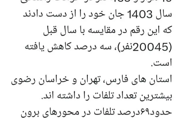 تلفات حوادث رانندگی پارسال ۳درصد کاهش یافت

