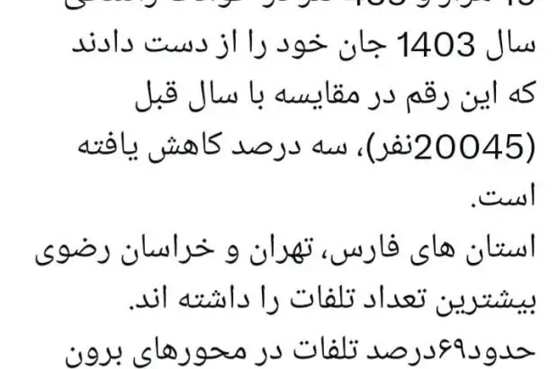 تلفات حوادث رانندگی پارسال ۳درصد کاهش یافت