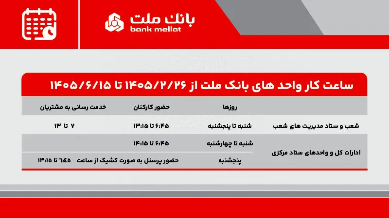 تغییر ساعت کار واحدهای بانک ملت از ۲۶ اردیبهشت
