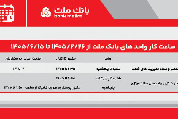 تغییر ساعت کار واحدهای بانک ملت از ۲۶ اردیبهشت
