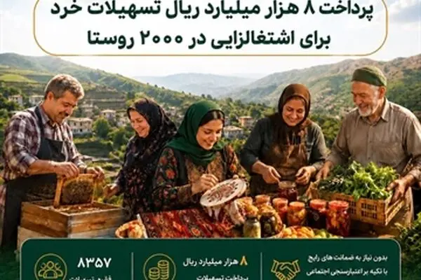 پرداخت 8 هزار میلیارد ریال تسهیلات خرد برای اشتغالزایی در 2000 روستا
