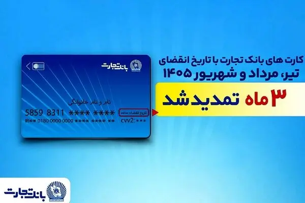 تمدید خودکار تاریخ انقضای کارت‌های بانک تجارت تا شهریور ۱۴۰۵
