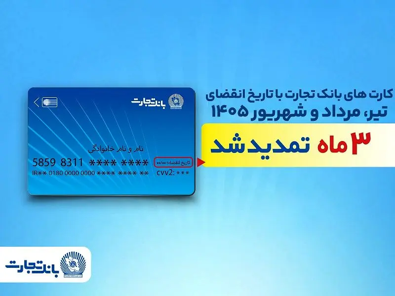 تمدید خودکار تاریخ انقضای کارت‌های بانک تجارت تا شهریور ۱۴۰۵
