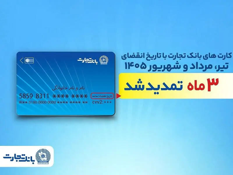 تمدید خودکار تاریخ انقضای کارت‌های بانک تجارت تا شهریور ۱۴۰۵
