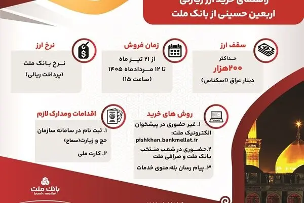 فروش ارز اربعین به صورت حضوری و غیرحضوری در بانک ملت/ اینفوگرافی
