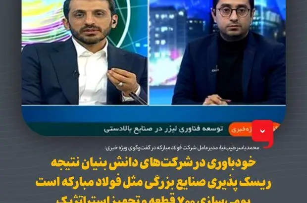خودباوری در شرکت‌های دانش بنیان نتیجه ریسک پذیری صنایع بزرگی مثل فولاد مبارکه است/ بومی‌سازی ۷۰۰ قطعه و تجهیز استراتژیک فولاد مبارکه در سال جاری
