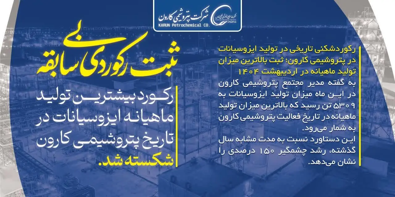 رکوردشکنی تاریخی تولید ایزوسیانات در پتروشیمی کارون؛ ثبت بالاترین میزان تولید ماهیانه در اردیبهشت ۱۴۰۴
