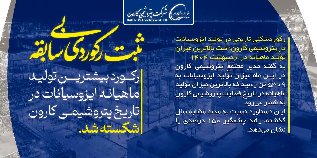 رکوردشکنی تاریخی تولید ایزوسیانات در پتروشیمی کارون؛ ثبت بالاترین میزان تولید ماهیانه در اردیبهشت ۱۴۰۴