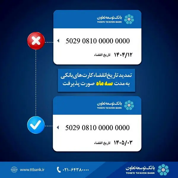 تمدید تاریخ انقضای کارت‌های بانک توسعه تعاون به مدت سه ماه
