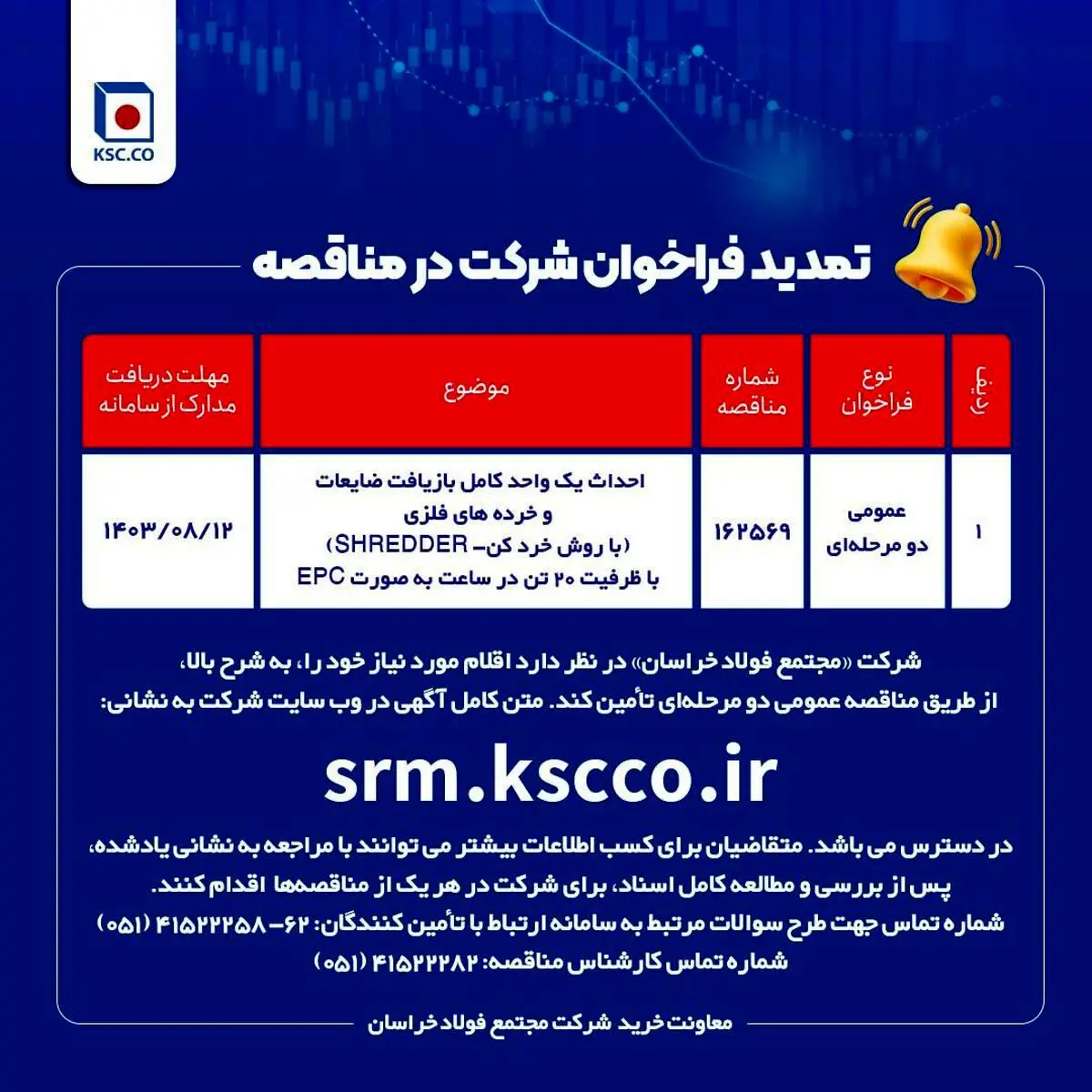 تمدید فراخوان مناقصه شرکت فولاد خراسان

