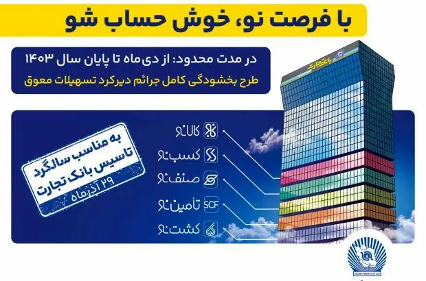 طرح «فرصت نو» پیشنهاد ویژه بانک تجارت برای تسویه بدهی مشتریان
