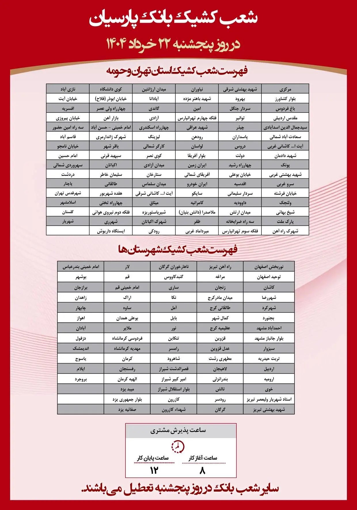 اعلام شعب کشیک بانک پارسیان در روز پنجشنبه مورخ ۲۲ خرداد
