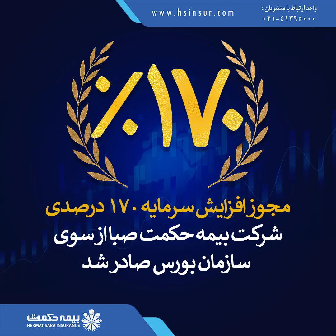مجوزافزایش سرمایه ۱۷۰ درصدی شرکت بیمه حکمت صبا از سوی سازمان بورس و اوراق بهادار صادر شد
