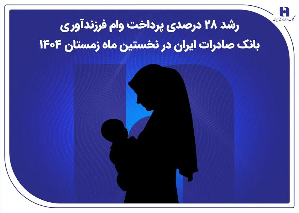 رشد ۲۸ درصدی پرداخت وام فرزندآوری بانک صادرات ایران در نخستین ماه زمستان ۱۴۰۴
