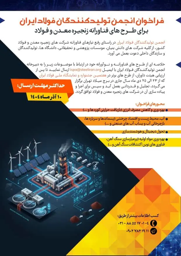 فراخوان انجمن تولیدکنندگان فولاد ایران برای طرح های فناورانه زنجیره معدن و فولاد