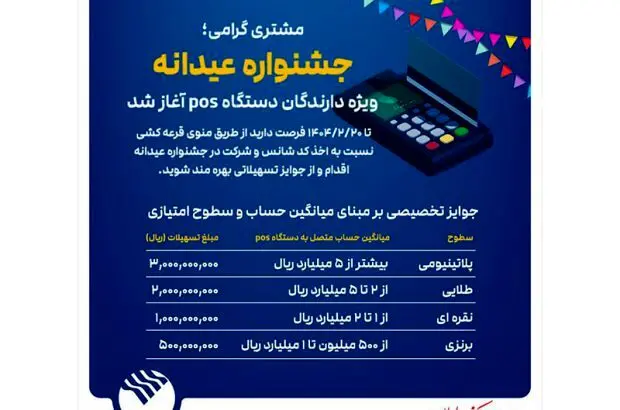جشنواره عیدانه باشگاه مشتریان پست بانک ایران ویژه دارندگان دستگاه پوز با جوایز ویژه آغاز شد
