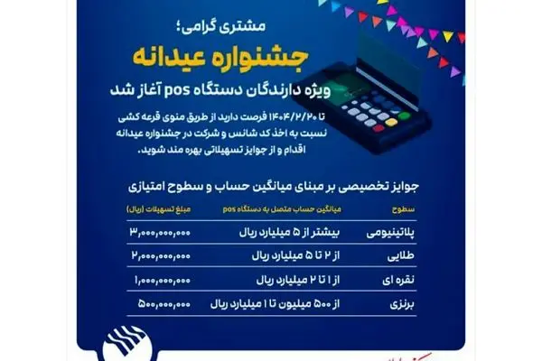 جشنواره عیدانه باشگاه مشتریان پست بانک ایران ویژه دارندگان دستگاه پوز با جوایز ویژه آغاز شد
