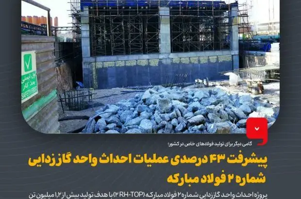 پیشرفت ۴۳ درصدی عملیات احداث واحد گاز زدایی شماره ۲ فولاد مبارکه
