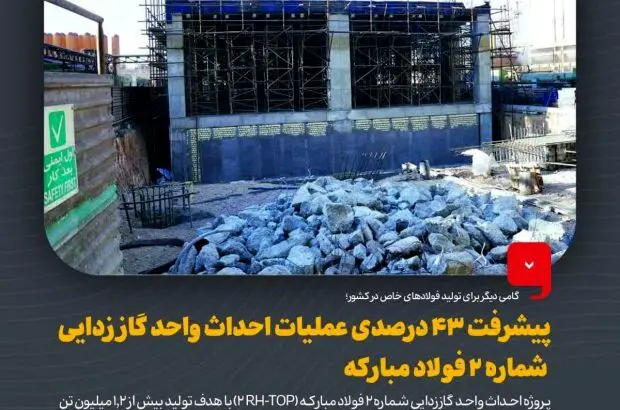پیشرفت ۴۳ درصدی عملیات احداث واحد گاز زدایی شماره ۲ فولاد مبارکه
